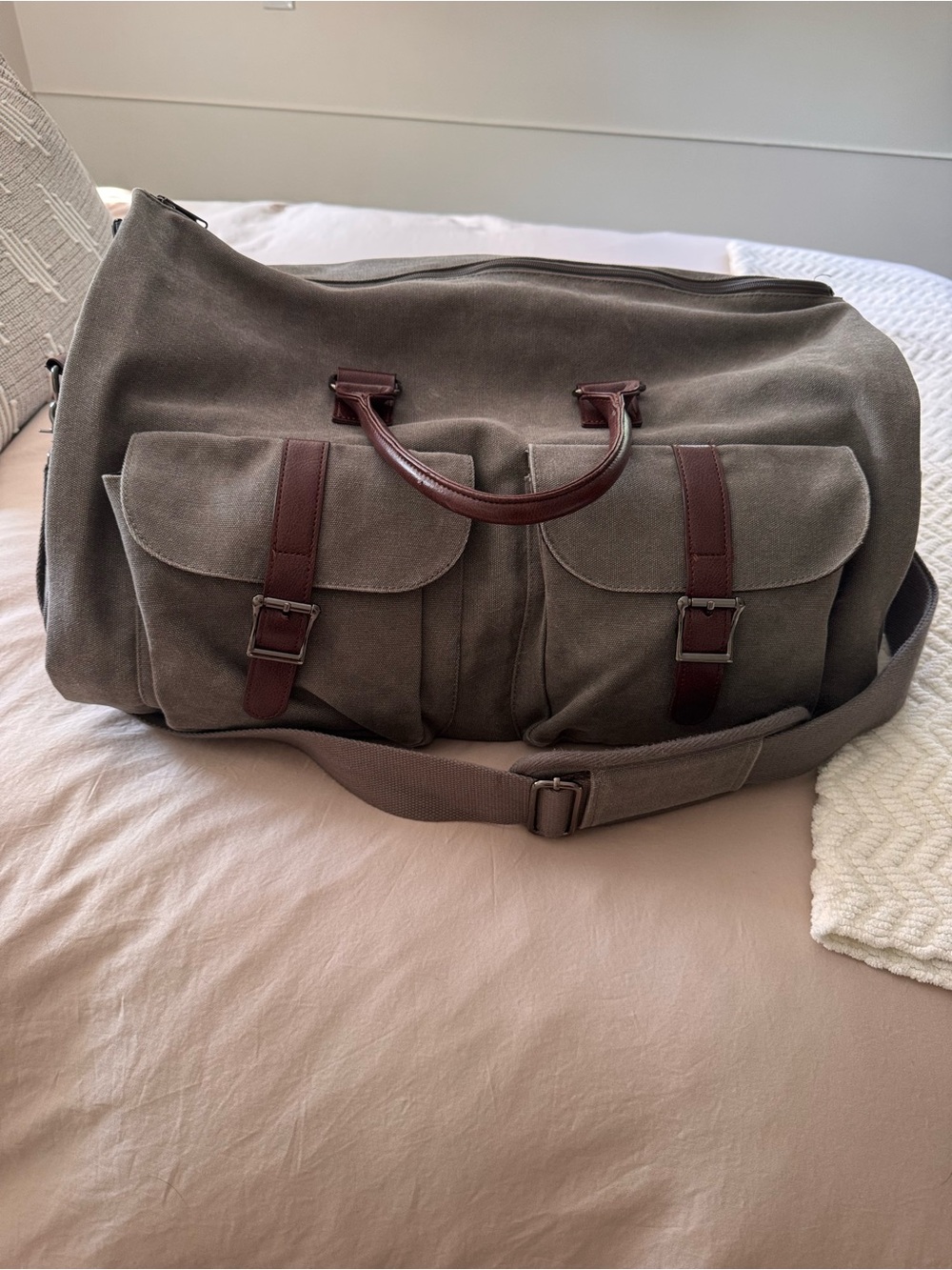 Taupe Canvas Travel Duffel with Brown Leather Trim